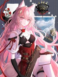 Rule 34 | 1girl, absurdres, animal ears, arknights, ascot, azhenhgu, bare shoulders, black bra, black gloves, book, bra, breasts, clothing cutout, commentary, crossed legs, elbow gloves, flower, gloves, hair ornament, highres, long hair, looking at viewer, open book, parted lips, pink eyes, pink hair, pozyomka (arknights), red flower, red skirt, shoulder cutout, skirt, small breasts, solo, symbol-only commentary, tail, underwear, very long hair, white ascot, wolf ears, wolf girl, wolf tail