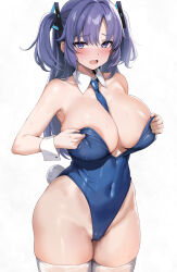 Rule 34 | 1girl, areola slip, bare shoulders, between breasts, blue archive, blue leotard, blue necktie, blush, breasts, cameltoe, cleft of venus, commentary, covered navel, detached collar, hair ornament, highleg, highleg leotard, highres, ipuu (el-ane koubou), large breasts, leotard, long hair, looking at viewer, necktie, necktie between breasts, nose blush, open mouth, parted bangs, purple hair, rabbit tail, raised eyebrows, revision, simple background, skindentation, solo, strapless, strapless leotard, sweat, tail, thighhighs, thighs, two side up, white background, white thighhighs, wrist cuffs, yuuka (blue archive)