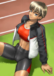 Rule 34 | 1girl, abs, bang-you, bike shorts, blue eyes, bra, breasts, brown hair, cameltoe, french nails, grass, jacket, lingerie, midriff, muscular, navel, original, shiny skin, short hair, solo, spandex, sports bra, tomboy, toned, track and field, track jacket, two-tone sports bra, underwear