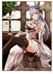 Rule 34 | 1girl, animal ears, artist name, asymmetrical legwear, backless outfit, black thighhighs, breasts, card (medium), character name, cleavage, coffee cup, crossed legs, cup, detached sleeves, disposable cup, fox ears, gloves, granblue fantasy, grey eyes, grin, hair ornament, head tilt, highres, indoors, korwa, long hair, looking at viewer, medium breasts, page number, see-through, sideboob, silver hair, sitting, smile, solo, steam, sunlight, thighhighs, uneven legwear, very long hair, white gloves, white thighhighs, window, yatsuka (846)