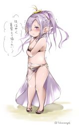 Rule 34 | 10s, 1girl, bare shoulders, bikini, black bikini, blush, breasts, cleavage, commentary request, embarrassed, flower, granblue fantasy, hair flower, hair ornament, hair over one eye, hairband, harvin, harvin, highres, knees together feet apart, long hair, naruya taka, niyon (granblue fantasy), nose blush, pointy ears, sandals, sarong, see-through, simple background, small breasts, solo, standing, swimsuit, text focus, translation request, trembling, twitter username, white background