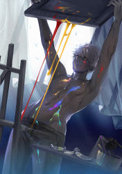 Rule 34 | 1boy, absurdres, ant, blue period, bug, canvas (object), easel, highres, holding, hy (hungyu), indoors, insect, male focus, navel, paint, paint tube, short hair, topless male, white hair, yaguchi yatora, yellow eyes