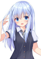 Rule 34 | 1girl, :d, black vest, blue eyes, blue hair, breasts, collared shirt, commentary request, gochuumon wa usagi desu ka?, grey necktie, hair between eyes, hair ornament, hand up, kafuu chino, kedama (kedama akaza), long hair, looking at viewer, necktie, official alternate costume, open mouth, plaid necktie, plaid neckwear, puffy short sleeves, puffy sleeves, school uniform, shirt, short sleeves, simple background, small breasts, smile, solo, very long hair, vest, white background, white shirt, x hair ornament