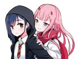 Rule 34 | 10s, 2girls, artist name, black hoodie, blue eyes, blue hair, coat, collared shirt, darling in the franxx, drawstring, green eyes, hair ornament, hairclip, hand on another&#039;s shoulder, hood, hood up, hoodie, horns, ichigo (darling in the franxx), long hair, long sleeves, multiple girls, necktie, no hairband, pink hair, quiss, red scarf, scarf, shirt, short hair, simple background, striped neckwear, tareme, tsurime, upper body, white background, white coat, white shirt, wing collar, zero two (darling in the franxx)