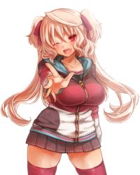 Rule 34 | 1girl, ;d, blonde hair, blush, breasts, curvy, elsie-san (oshiruko), fang, foreshortening, hair ribbon, jacket, large breasts, long hair, miniskirt, one eye closed, open mouth, original, oshiruko (tsume), outstretched arm, outstretched hand, pink hair, red eyes, red thighhighs, ribbon, skirt, smile, solo, thighhighs, thighs, tsurime, two side up, very long hair, zipper