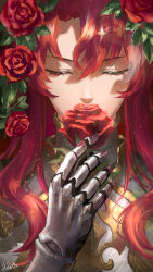 1boy argenti_(honkai:_star_rail) armor closed_eyes flower gauntlets hair_between_eyes hebbtia highres holding honkai:_star_rail honkai_(series) knight long_hair male_focus red_flower red_hair red_rose rose smile solo