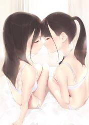 Rule 34 | 2girls, ama mitsuki, arm support, bed sheet, black hair, blush, bra, breasts, brown hair, closed eyes, closed mouth, curtains, face-to-face, facing another, from behind, highres, imminent kiss, indoors, long hair, medium breasts, multiple girls, non-web source, on bed, original, panties, ponytail, profile, sitting, underwear, underwear only, white bra, white panties, yuri
