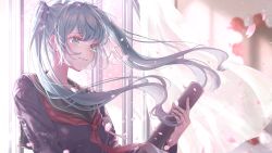 1girl, absurdres, aqua eyes, aqua hair, black sailor collar, black shirt, blush, cherry blossoms, collared shirt, commentary, crying, crying with eyes open, curtains, diploma, falling petals, flower, from side, graduation, hatsune miku, highres, holding, huge filesize, lips, long hair, neckerchief, petals, red neckwear, rose, sailor collar, school uniform, serafuku, shirt, solo, tears, twintails, upper body, vocaloid, wavy mouth, white flower, white rose, window, yuzuha wasa