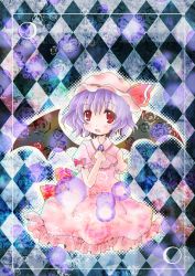 Rule 34 | 1girl, argyle, argyle background, argyle clothes, bad id, bad pixiv id, bat wings, dress, emo (artist), emo (mikan), female focus, full body, hat, looking at viewer, mob cap, pink dress, puffy short sleeves, puffy sleeves, red eyes, remilia scarlet, seiza, short sleeves, simple background, sitting, solo, touhou, wings