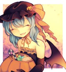 Rule 34 | 1girl, alternate costume, bat wings, candy, candy cane, elbow gloves, closed eyes, fang, food, gloves, halloween costume, hat, hat ribbon, jack-o&#039;-lantern, mob cap, open mouth, remilia scarlet, ribbon, smile, solo, tama (soon32281), touhou, wings