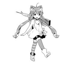 Rule 34 | 1girl, :d, ahoge, animal ear fluff, animal ears, asymmetrical legwear, bare arms, bare shoulders, bike shorts, blush, boots, cat ears, greyscale, gun, hair between eyes, hair bobbles, hair ornament, highres, hinata channel, holding, holding gun, holding weapon, kurihara sakura, long hair, low twintails, mismatched legwear, monochrome, nekomiya hinata, open mouth, over shoulder, short shorts, shorts, smile, solo, standing, standing on one leg, striped clothes, striped thighhighs, tank top, thighhighs, twintails, very long hair, virtual youtuber, weapon, weapon over shoulder