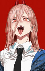 Rule 34 | 1girl, artist name, black necktie, blue jacket, breasts, chainsaw man, collared shirt, commentary request, cross-shaped pupils, hair between eyes, highres, horns, isshiki (ffmania7), jacket, long hair, long sleeves, looking at viewer, medium breasts, necktie, open clothes, open jacket, open mouth, pink hair, power (chainsaw man), red eyes, sharp teeth, shirt, signature, smile, solo, symbol-shaped pupils, teeth, tongue, tongue out, upper body, white shirt