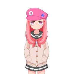 Rule 34 | 1girl, :3, black sailor collar, black skirt, blush, brown cardigan, cardigan, closed mouth, collarbone, commentary request, copyright request, cowboy shot, flat cap, hands in pockets, hat, hono, long hair, looking at viewer, pink eyes, pink hair, pink hat, pleated skirt, sailor collar, school uniform, serafuku, simple background, skirt, solo, white background