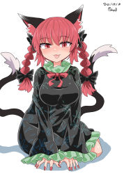 Rule 34 | 1girl, :3, animal ears, black bow, black dress, bow, breasts, cat ears, cat tail, chups, closed mouth, dated, dress, extra ears, frilled dress, frilled sleeves, frills, hair bow, highres, kaenbyou rin, long hair, long sleeves, looking at viewer, multiple tails, nail polish, nekomata, red eyes, red hair, red nails, signature, simple background, sitting, smile, solo, tail, tongue, touhou, two tails, white background, wide sleeves