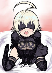 Rule 34 | 1girl, ahoge, black dress, black footwear, black thighhighs, blazblue, blindfold, blonde hair, blush, boots, breasts, cleavage, cleavage cutout, clothing cutout, cosplay, covered eyes, dress, es (xblaze), huge ahoge, johan (johan13), large breasts, looking at viewer, nier (series), nier:automata, open mouth, see-through, sitting, solo, thigh boots, thighhighs, thighhighs under boots, v arms, wariza, xblaze, xblaze code: embryo, 2b (nier:automata), 2b (nier:automata) (cosplay)
