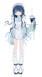 Rule 34 | 1girl, alternate costume, apron, aqua eyes, bad id, bad pixiv id, blue hair, blunt bangs, enmaided, expressionless, frilled apron, frills, full body, gradient hair, highres, jellyfish, long hair, long sleeves, maid, maid apron, maid headdress, multicolored hair, original, outo eguchi, personification, simple background, sleeves past fingers, sleeves past wrists, solo, standing, very long hair, white apron, white background, zipper