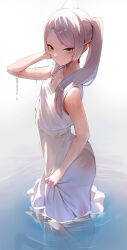 Rule 34 | 1girl, absurdres, ass, breasts, closed mouth, day, dress, earrings, elf, frieren, green eyes, grey hair, highres, jewelry, long hair, looking at viewer, outdoors, parted bangs, partially submerged, pointy ears, rororo, sleeveless, sleeveless dress, small breasts, solo, sousou no frieren, standing, twintails, wet, wet clothes, wet dress, white dress, white hair