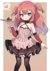 Rule 34 | 1girl, absurdres, bare shoulders, black pantyhose, blue eyes, blush, cake, closed mouth, collarbone, commentary request, feet out of frame, flat chest, food, hair between eyes, highres, holding, holding plate, long hair, looking at viewer, monomono, original, pantyhose, pink hair, plate, sleeveless, smile, solo, speech bubble, thick eyebrows, two side up