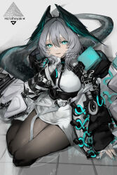 Rule 34 | 1girl, a chxoblc, absurdres, aqua eyes, aqua wings, arknights, arm support, black jacket, black pantyhose, character name, dress, feathered wings, green nails, grey hair, hair between eyes, hand on own cheek, hand on own face, head wings, highres, ho&#039;olheyak (arknights), jacket, looking at viewer, open mouth, pantyhose, simple background, sitting, solo, tile floor, tiles, white background, white dress, wings, yokozuwari