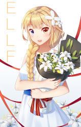 Rule 34 | 1girl, :d, blonde hair, bouquet, braid, collarbone, commentary request, dress, flower, hair flower, hair ornament, hair over shoulder, heterochromia, highres, holding, holding bouquet, hugging object, jeanne d&#039;arc (warship girls r), ji dao ji, lily (flower), long hair, looking at viewer, open mouth, orange eyes, purple eyes, red ribbon, ribbon, sash, single braid, sleeveless, sleeveless dress, smile, solo, striped ribbon, warship girls r, white dress, white flower, yellow flower
