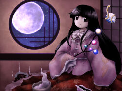 Rule 34 | 1girl, architecture, black hair, bow, bowtie, branch, closed mouth, east asian architecture, frilled shirt collar, frills, full moon, highres, hime cut, houraisan kaguya, indoors, jeweled branch of hourai, leaf print, long hair, long sleeves, looking at viewer, moon, night, official style, parasite oyatsu, print shirt, print skirt, purple shirt, red skirt, round window, shirt, sidelocks, sitting, skirt, sleeves past fingers, sleeves past wrists, smile, solo, straight hair, touhou, white bow, white bowtie, wide sleeves, window, zun (style)