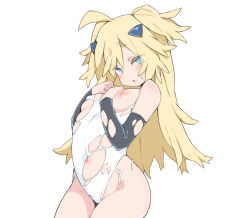 Rule 34 | 1girl, ahoge, arched back, bare shoulders, blonde hair, blue eyes, blush, breasts, detached sleeves, eyes visible through hair, highres, kz oji, leotard, long hair, medium breasts, navel, nipples, open mouth, original, simple background, solo, sweat, tongue, torn clothes, torn leotard, white background, white leotard