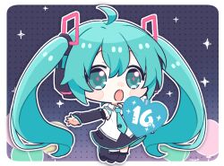 Rule 34 | 1girl, :o, aqua eyes, aqua hair, balloon, black footwear, black skirt, black sleeves, blush stickers, boots, chibi, collared shirt, commentary, detached sleeves, full body, grey shirt, hair between eyes, hatsune miku, hatsune miku (vocaloid4), heart, long hair, long sleeves, looking at viewer, najo, open mouth, shirt, signature, skirt, sleeves past wrists, solo, thigh boots, twintails, v4x, very long hair, vocaloid, wide sleeves
