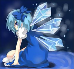 Rule 34 | 1girl, blue bow, blue dress, blue eyes, blue hair, bow, cirno, dress, embodiment of scarlet devil, female focus, flat chest, full body, ice, ice wings, looking at viewer, puffy short sleeves, puffy sleeves, short hair, short sleeves, sitting, solo, touhou, white sleeves, wings