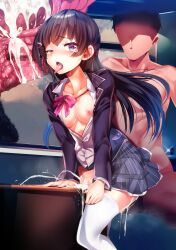 Rule 34 | 1girl, ahegao, artist request, black hair, black jacket, blazer, blush, breasts, breasts out, brown cardigan, cardigan, clothed female nude male, cosplay, cum, cum overflow, ejaculation, hair ornament, hairclip, highres, internal cumshot, jacket, jk gumi (nijisanji), kigurumi, long hair, long sleeves, medium breasts, nijisanji, non-web source, nude, plaid, plaid skirt, school uniform, shirt, skirt, smile, source request, tearing up, thighhighs, tongue, tongue out, tsukino mito, tsukino mito (1st costume), virtual youtuber