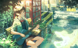 Rule 34 | 1girl, absurdres, aoi aioi, bench, black eyes, black hair, blush, bow, bowtie, closed mouth, commentary request, guitar, highres, holding, holding instrument, instrument, jacket, looking at viewer, phone booth, red bow, red bowtie, revision, scenery, shadow, shirt, short hair, simo (user fshg3833), sitting, sleeves rolled up, smile, solo, sora no aosa o shiru hito yo, white jacket, white shirt