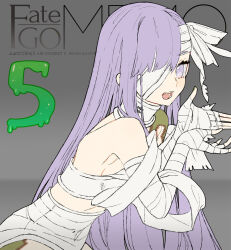 Rule 34 | 1girl, bandage over one eye, bandaged arm, bandaged head, bandaged leg, bandages, breasts, fate/grand order, fate (series), kingprotea (fate), long hair, looking at viewer, moss, naked bandage, open mouth, purple eyes, purple hair, small breasts, solo, very long hair, wada arco