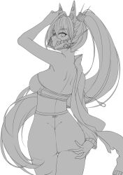 Rule 34 | 1girl, arm up, ass, ass grab, bandeau, breasts, deep skin, from behind, goddess of victory: nikke, grabbing own ass, greyscale, hand on own ass, headgear, high-waist pants, high ponytail, highres, jacket, lineart, long hair, long sleeves, looking at viewer, looking back, mask, medium breasts, monochrome, mouth mask, mr2d, off shoulder, pants, simple background, sin (nikke), solo, strapless, thigh gap, unfinished, white background, yoga pants