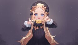 Rule 34 | 1girl, abigail williams (fate), black bow, black dress, black hat, blonde hair, blue eyes, bow, breasts, crime prevention buzzer, dress, fate/grand order, fate (series), forehead, grey background, hair bow, hat, highres, long hair, long sleeves, looking at viewer, miya (miyaruta), multiple hair bows, open mouth, orange bow, parted bangs, ribbed dress, shukusei!! loli-gami requiem, small breasts, smile, solo
