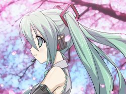Rule 34 | 1girl, animated, animated gif, bare shoulders, blinking, cherry blossoms, eeeeee, green eyes, green hair, hatsune miku, headset, matching hair/eyes, music, open mouth, petals, profile, singing, solo, twintails, vocaloid