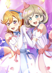 Rule 34 | 2girls, absurdres, bare shoulders, blue bow, blue eyes, blush, bow, commentary, detached sleeves, dress, elbow gloves, gloves, grey hair, hair bow, hands up, highres, holding hands, interlocked fingers, love live!, love live! superstar!!, medium hair, multiple girls, open mouth, orange hair, pink bow, puffy short sleeves, puffy sleeves, purple eyes, ranemu, shibuya kanon, short hair, short sleeves, smile, sweat, tang keke, teeth, tiny stars, translated, upper teeth only, white dress