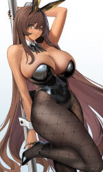 1girl 767_(pixiv973307689) absurdres animal_ears bare_shoulders black_leotard breasts brown_eyes brown_hair cleavage dark-skinned_female dark_skin detached_collar fake_animal_ears fishnet_pantyhose fishnets goddess_of_victory:_nikke highleg highleg_leotard highres large_breasts leotard long_hair looking_at_viewer noir_(nikke) pantyhose playboy_bunny rabbit_ears smile solo thighs wrist_cuffs