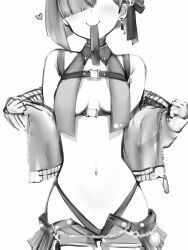 Rule 34 | 1girl, absurdres, asymmetrical bangs, bare shoulders, blunt bangs, breasts, chain, cowboy shot, earrings, facing viewer, greyscale, head out of frame, heart, highleg, highleg panties, highres, himemori luna, himemori luna (streetwear), hololive, jacket, jewelry, monochrome, mouth hold, nanashi (nlo), navel, official alternate costume, open clothes, open shorts, panties, short hair, short shorts, shorts, simple background, single earring, small breasts, smile, solo, stomach, underwear, virtual youtuber, zipper, zipper pull tab