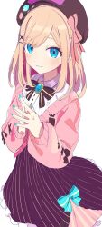 Rule 34 | 1girl, :3, blonde hair, blue bow, blue eyes, blue nails, blush, bow, bowtie, brown bow, brown bowtie, cardigan, closed mouth, commentary request, dress, hair bow, hibimegane, highres, looking at viewer, medium hair, nijisanji, pink bow, pink cardigan, purple headwear, simple background, solo, steepled fingers, suzuhara lulu, suzuhara lulu (1st costume), virtual youtuber, white background