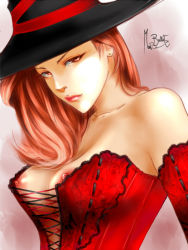 Rule 34 | 1girl, bare shoulders, breasts, corset, dragon&#039;s crown, earrings, hat, jewelry, mad bullet, nipples, red eyes, red hair, red theme, signature, solo, sorceress (dragon&#039;s crown), vanillaware, witch hat