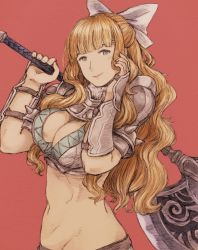 Rule 34 | 1girl, armor, axe, battle axe, blonde hair, blue eyes, bow, breasts, charlotte (fire emblem), cleavage, female focus, fire emblem, fire emblem fates, hair bow, highres, holding, holding axe, large breasts, long hair, maeka (kumaekake), nintendo, over shoulder, pauldrons, red background, shoulder armor, simple background, smile, solo, spikes, weapon, weapon over shoulder