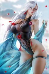 Rule 34 | 1girl, blue eyes, braid, breasts, covered navel, flower, genshin impact, hair over one eye, highleg, highleg leotard, large breasts, leotard, lips, long hair, looking at viewer, low-braided long hair, low-tied long hair, nail polish, navel, olchas, parted lips, petals, realistic, see-through, shenhe (genshin impact), signature, solo, tassel, thigh strap, watermark, white hair