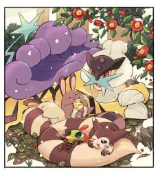 Rule 34 | :d, ^ ^, alternate color, berry, berry (pokemon), blue eyes, border, camellia, chikafuji, claws, closed eyes, commentary request, creatures (company), drooling, fangs, flower, food, fruit, furret, game freak, gen 2 pokemon, highres, hugging another&#039;s tail, hugging own tail, hugging tail, leaf, legendary pokemon, looking at another, lying, natu, nintendo, no humans, one eye closed, open mouth, plant, pokemon, pokemon (creature), raikou, red eyes, red flower, sentret, shiny and normal, shiny pokemon, sitrus berry, sleeping, smile, snow, snowing, tail, u u, white border