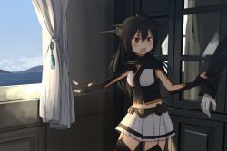 Rule 34 | 1girl, 1other, annin musou, bad id, bad twitter id, black gloves, black hair, commentary request, curtains, dragging, elbow gloves, fingerless gloves, flying sweatdrops, gloves, headgear, kantai collection, long hair, miniskirt, nagato (kancolle), open mouth, pleated skirt, pointing, red eyes, skirt, solo focus, thighhighs, white skirt, window, aged down