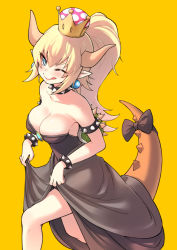 Rule 34 | 1girl, ;), ;q, alphy, armlet, bare shoulders, black bow, black dress, blonde hair, blue eyes, blush, bow, bowsette, bracelet, breasts, cleavage, clothes lift, collar, collarbone, crown, dress, dress lift, earrings, highres, horns, jewelry, large breasts, lifting own clothes, long hair, looking at viewer, mario (series), new super mario bros. u deluxe, nintendo, one eye closed, pointy ears, ponytail, smile, spiked bracelet, spiked collar, spikes, strapless, strapless dress, super crown, tail, tail bow, tail ornament, tongue, tongue out, turtle shell, yellow background
