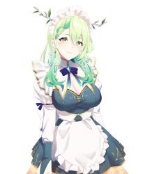 Rule 34 | 1girl, absurdres, alternate costume, antlers, apron, breasts, ceres fauna, ceres fauna (1st costume), cleavage, green hair, highres, hololive, hololive english, horns, large breasts, looking at viewer, maid, maid apron, maid headdress, mole, mole under eye, nano (nanojyaa), solo, virtual youtuber, yellow eyes