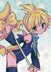 Rule 34 | 1boy, banana, blue eyes, blue one-piece swimsuit, blue thighhighs, blush, bow, brooch, crossdressing, detached sleeves, embarrassed, food, fruit, headphones, highres, holding, holding staff, jewelry, kagamine len, kagamine len no bousou (vocaloid), leaning forward, looking at viewer, male focus, menma (enaic31), one-piece swimsuit, school swimsuit, short hair, short ponytail, staff, sweatdrop, swimsuit, thighhighs, vocaloid, yellow bow