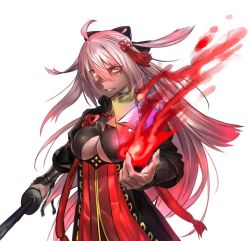 Rule 34 | 1girl, breasts, cleavage, dark-skinned female, dark skin, eyebrows hidden by hair, fate/grand order, fate (series), fire, fire, grey hair, hair between eyes, hair ribbon, hiro (hirohiro gorira), holding, holding sword, holding weapon, japanese clothes, katana, kimono, long hair, looking at viewer, medium breasts, okita souji (fate), okita souji alter (fate), open mouth, ribbon, simple background, smile, solo, sword, weapon, white background, yellow eyes