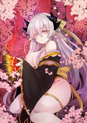 Rule 34 | 1girl, black horns, bow, cherry blossoms, dragon girl, fate/grand order, fate (series), glowing, glowing eyes, hair between eyes, hair bow, hand fan, highres, holding, holding fan, horns, japanese clothes, kimono, kiyohime (fate), kiyohime (third ascension) (fate), long hair, looking at viewer, mamemix, open clothes, open kimono, reclining, red eyes, smile, solo, thick thighs, thighhighs, thighs, tree, white hair, white thighhighs, wide sleeves, yellow bow