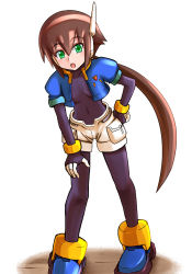 Rule 34 | 1girl, aile (mega man zx), bodystocking, bodysuit, breasts, brown hair, cleavage, commentary request, green eyes, hand on own hip, layered sleeves, long hair, long sleeves, looking at viewer, mega man (series), mega man zx, mega man zx advent, ni-jo, pantyhose, pantyhose under shorts, robot ears, short over long sleeves, short sleeves, shorts, skin tight, solo, spandex, standing