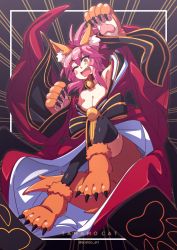 Rule 34 | 1girl, animal ear fluff, animal ears, animal hands, bare shoulders, bell, blush stickers, breasts, cat paws, character name, cleavage, collar, collarbone, fang, fate/grand order, fate (series), fox ears, fox girl, fox tail, gloves, hair ribbon, highres, japanese clothes, jingle bell, kimono, large breasts, long hair, looking at viewer, neck bell, off shoulder, one eye closed, open mouth, paw gloves, paw shoes, pink hair, ponytail, red kimono, red ribbon, ribbon, scalizo, shoes, skin fang, solo, tail, tamamo (fate), tamamo cat (fate), twitter username, yellow eyes
